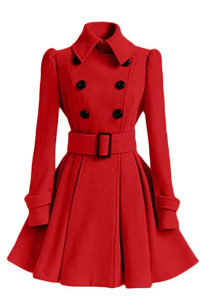 Flared Hem Turn-down Collar Slim Double Button Wool Coat With Belt on