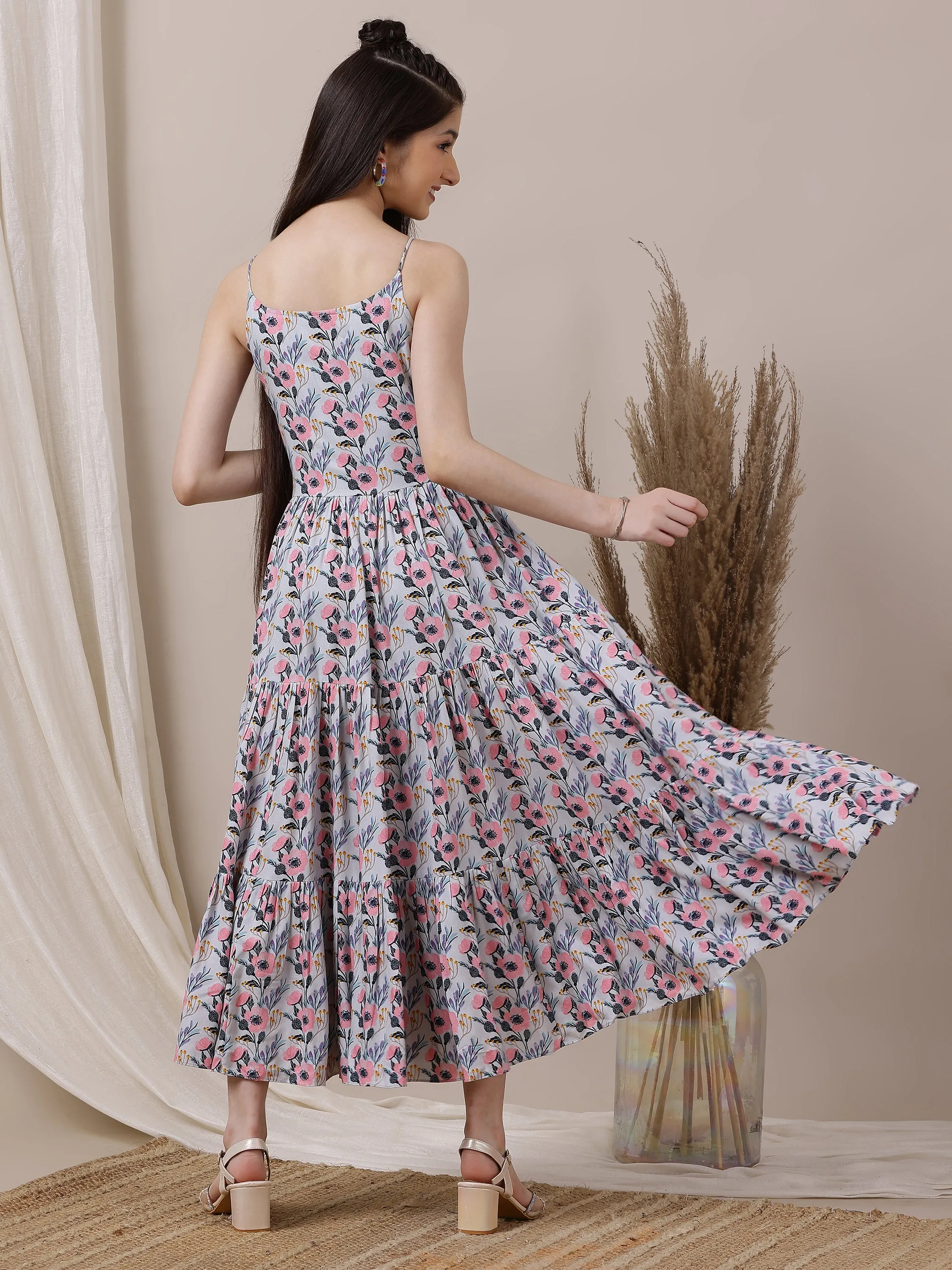 Girls Printed Fit & Flared Midi Dress