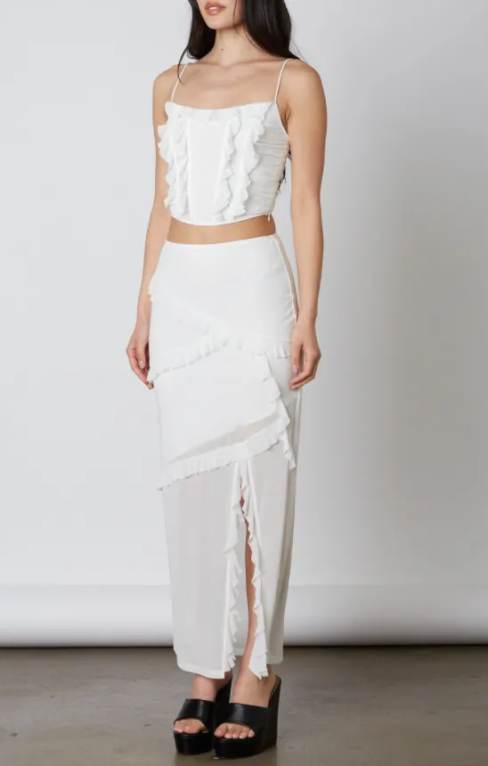 High Waisted Mesh Ruffle Maxi Skirt