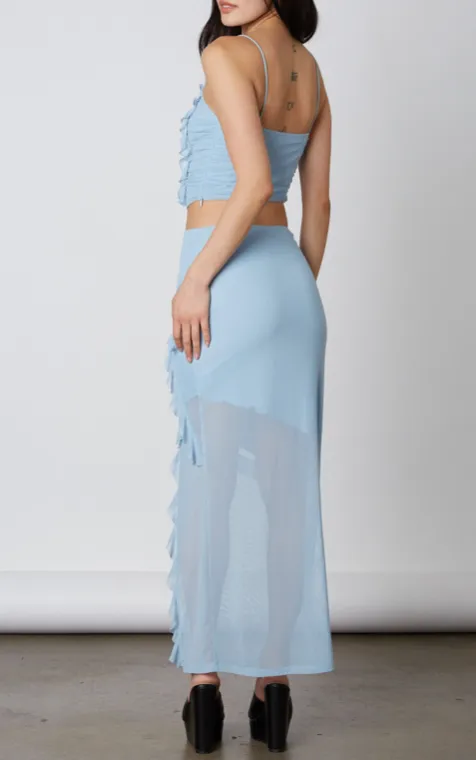 High Waisted Mesh Ruffle Maxi Skirt