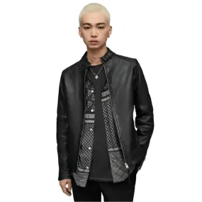 Men's Black Leather Harrington Jacket with Band Collar & Snap Button