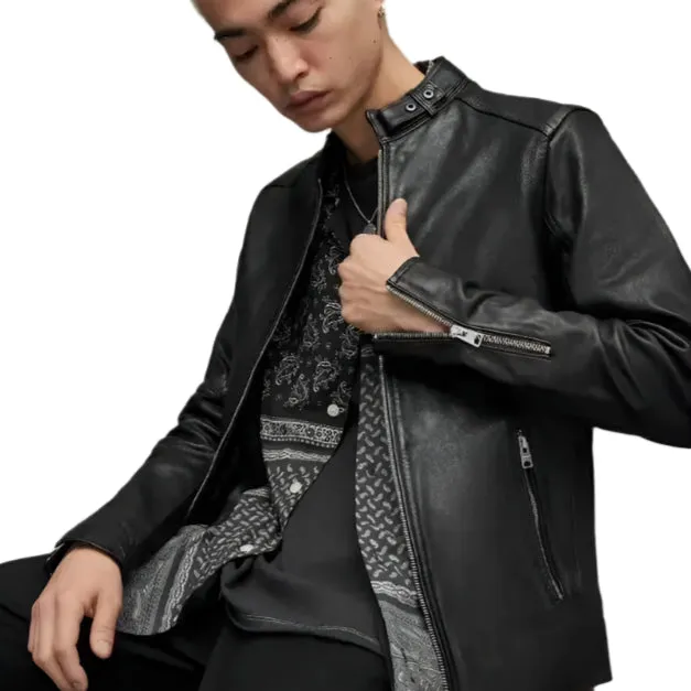 Men's Black Leather Harrington Jacket with Band Collar & Snap Button
