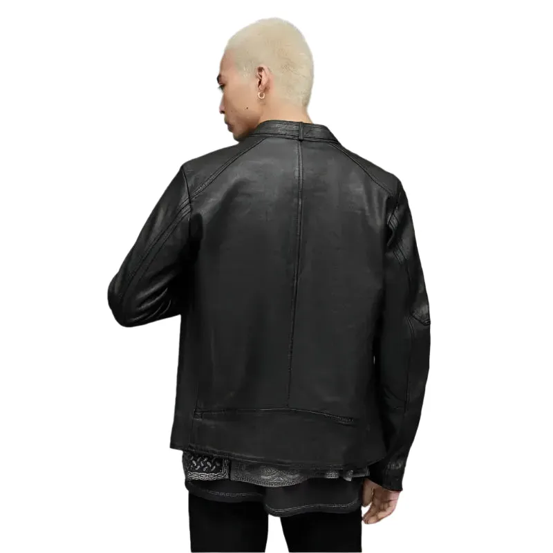 Men's Black Leather Harrington Jacket with Band Collar & Snap Button