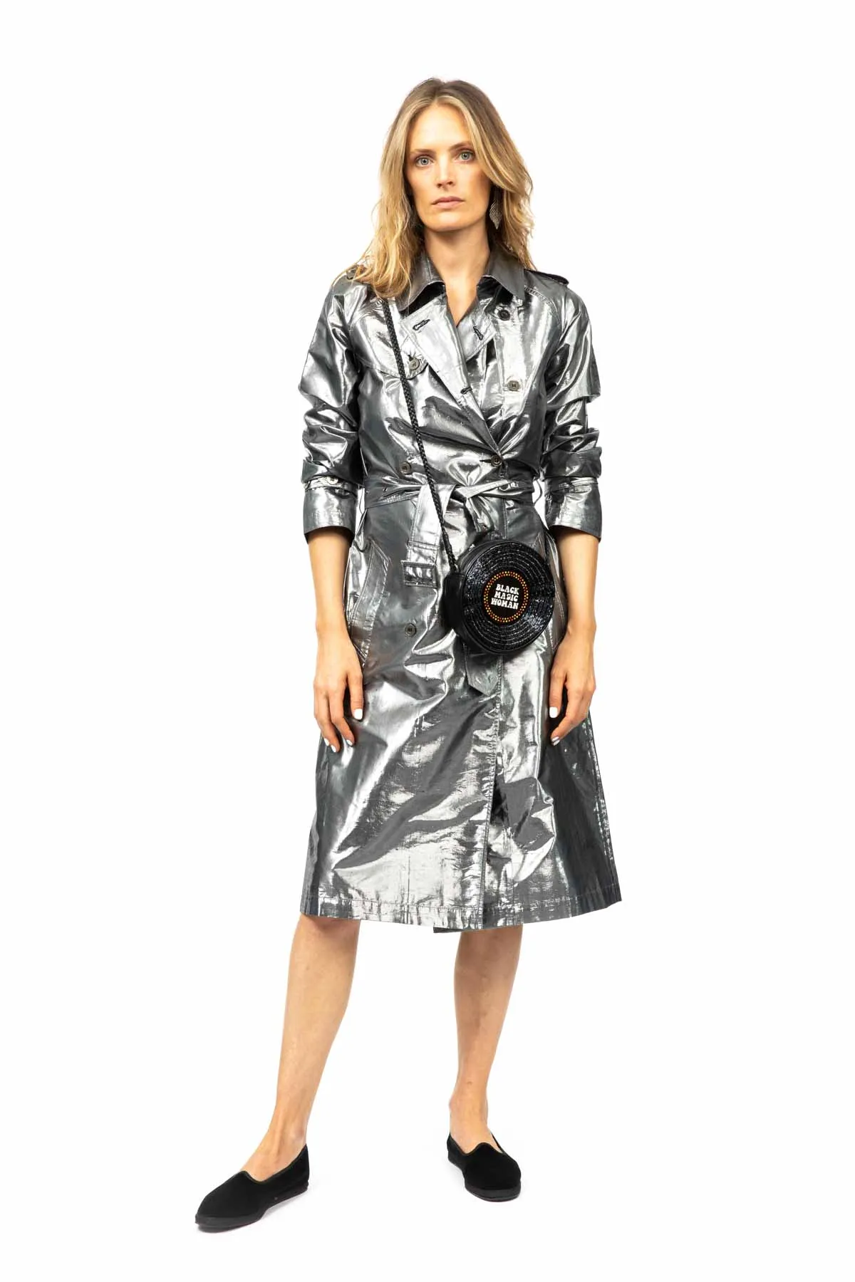 Metallic Silk Trench - Silver Black
