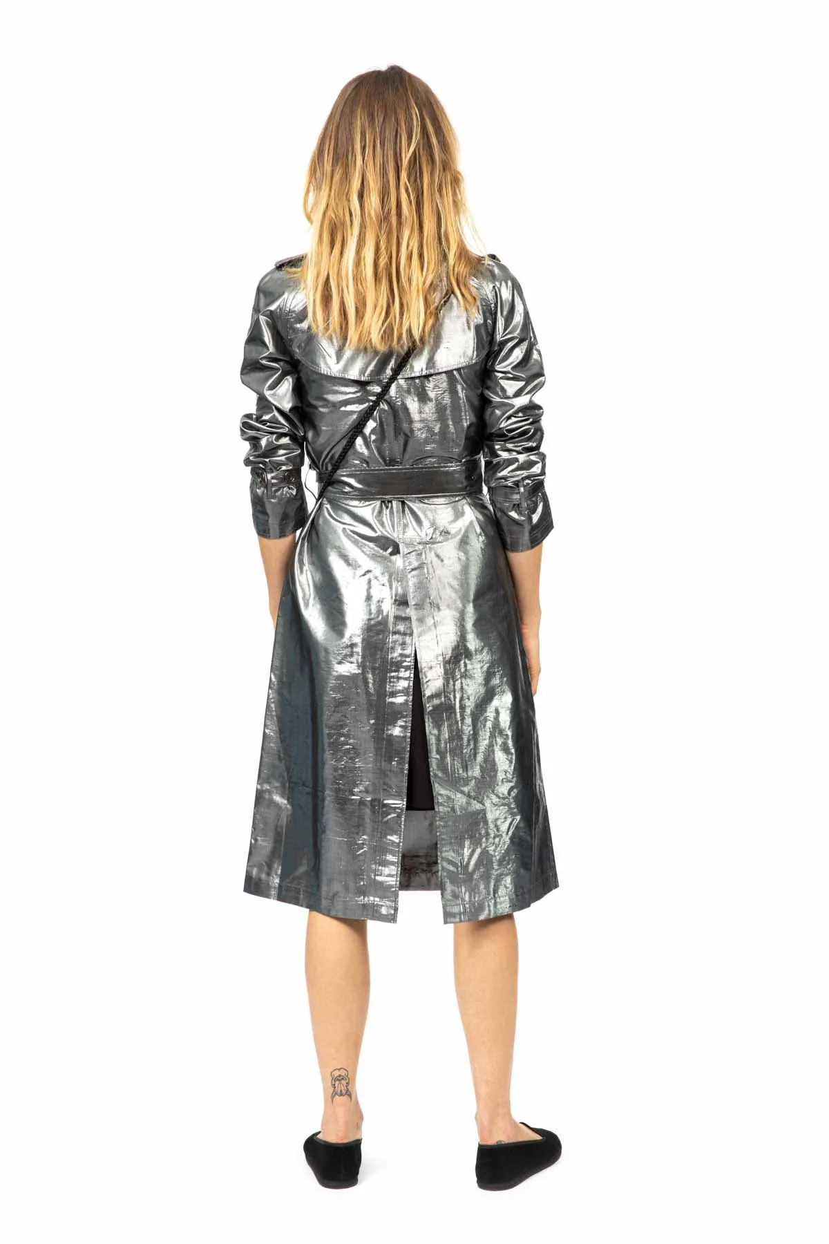 Metallic Silk Trench - Silver Black