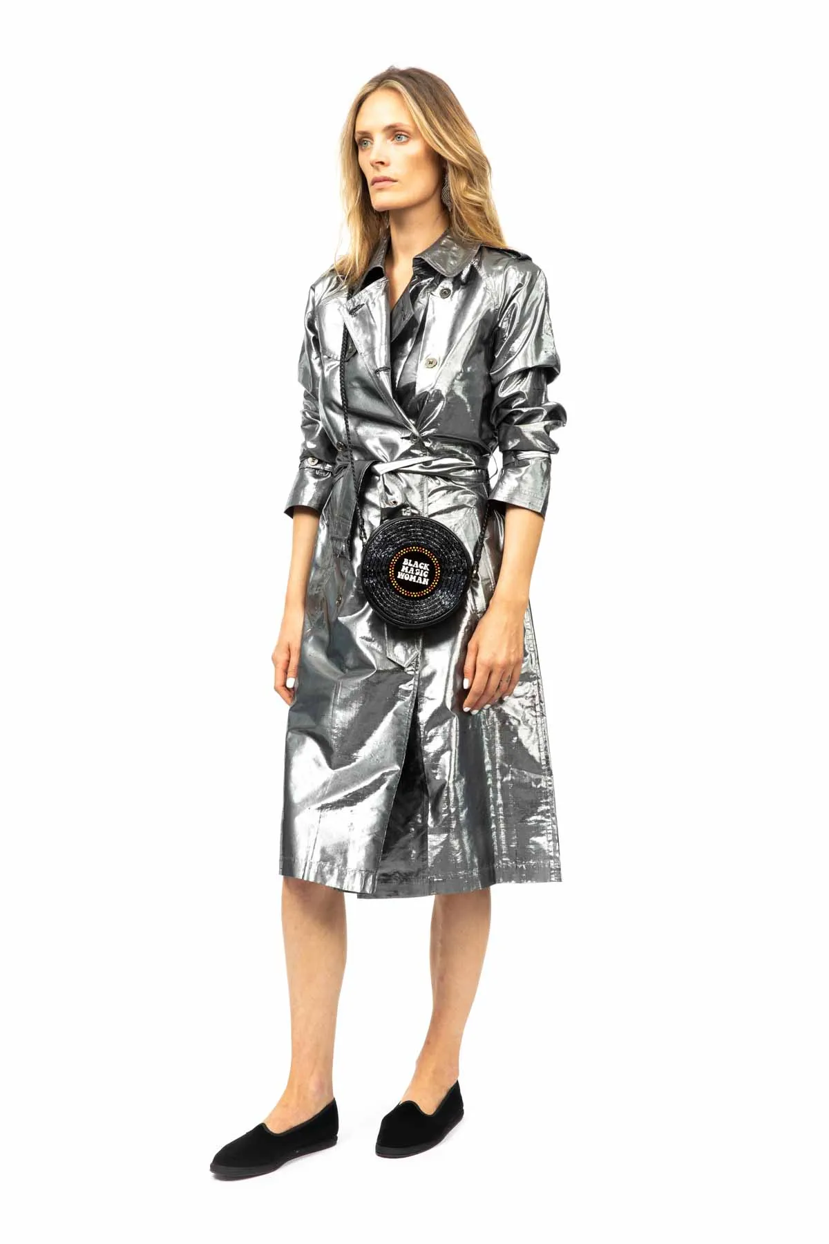 Metallic Silk Trench - Silver Black
