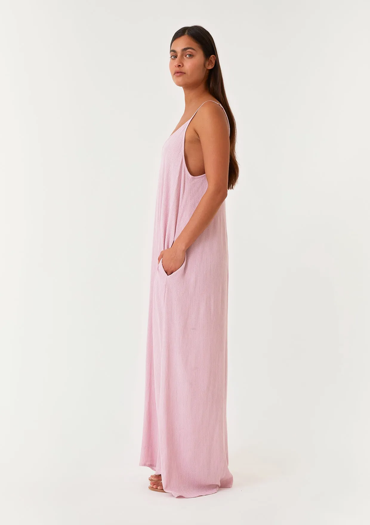 Metallic Stripe Spaghetti Strap V Neck Maxi Dress