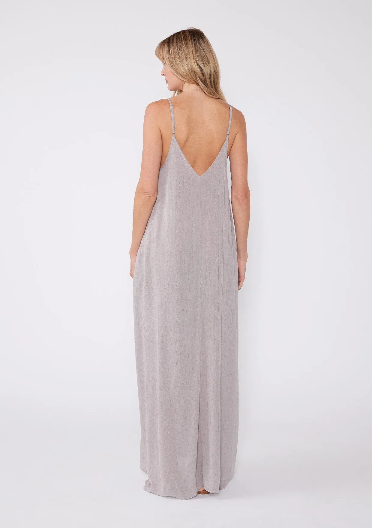 Metallic Stripe Spaghetti Strap V Neck Maxi Dress