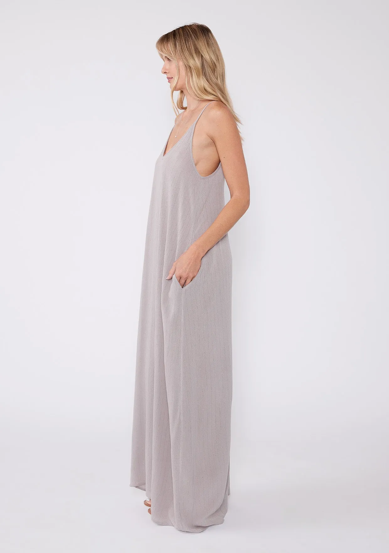 Metallic Stripe Spaghetti Strap V Neck Maxi Dress