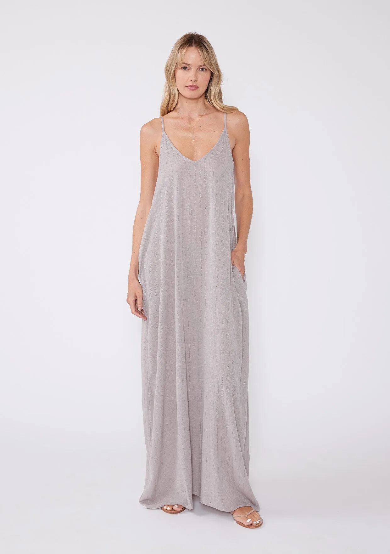 Metallic Stripe Spaghetti Strap V Neck Maxi Dress