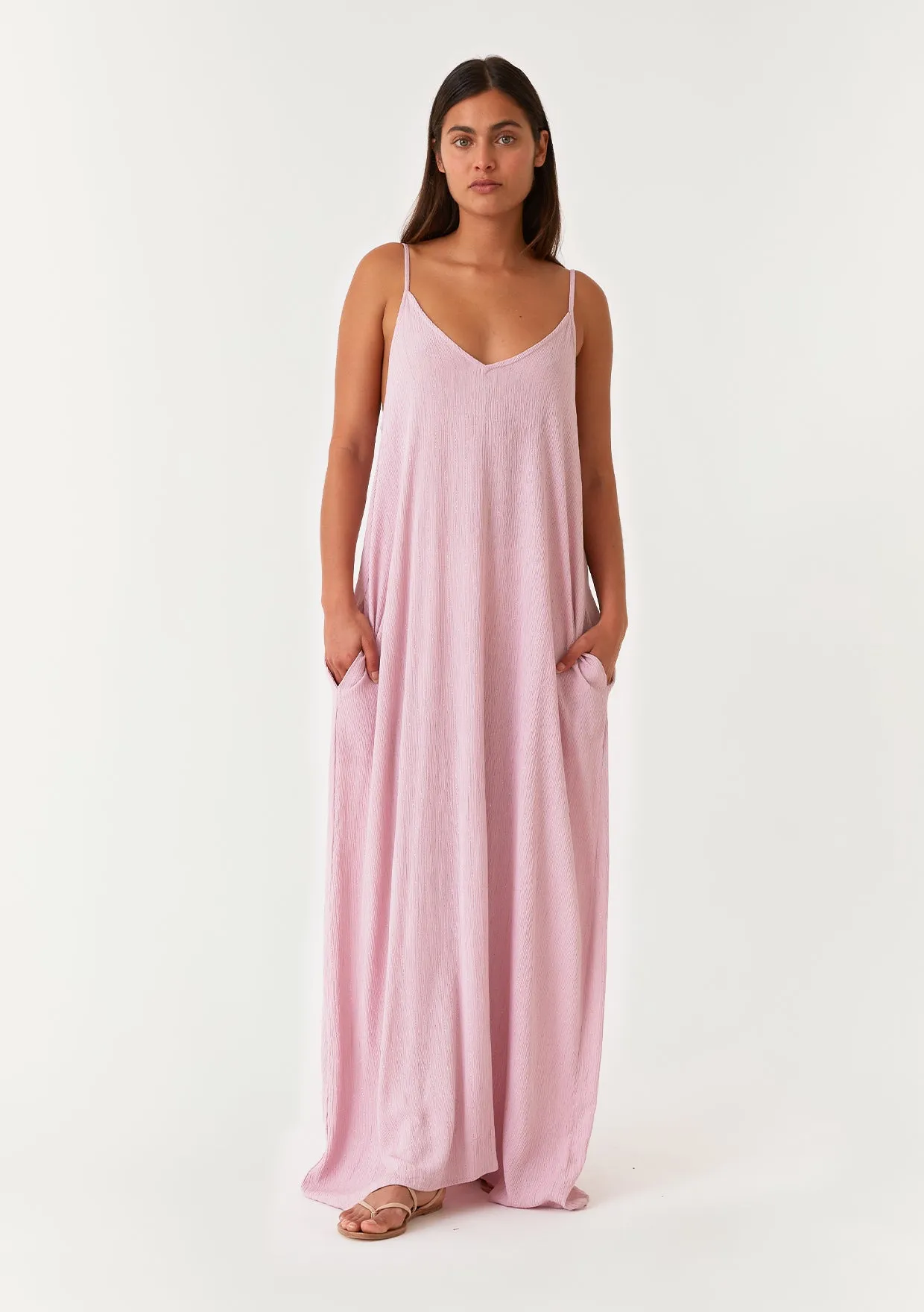 Metallic Stripe Spaghetti Strap V Neck Maxi Dress