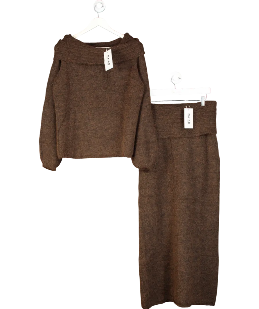 NA-KD Brown Knitten Sweater And Maxi Skirt Set UK S/M