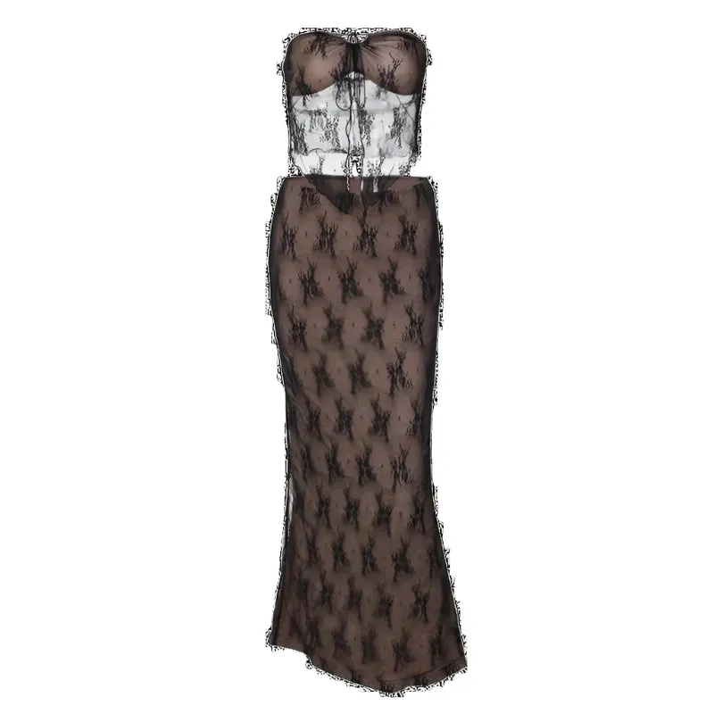 Neutral Lace Front Slit Halter Top And Maxi Skirt Set