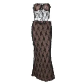 Neutral Lace Front Slit Halter Top And Maxi Skirt Set