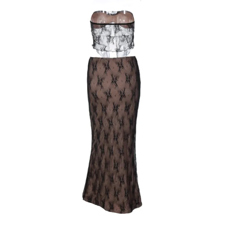 Neutral Lace Front Slit Halter Top And Maxi Skirt Set