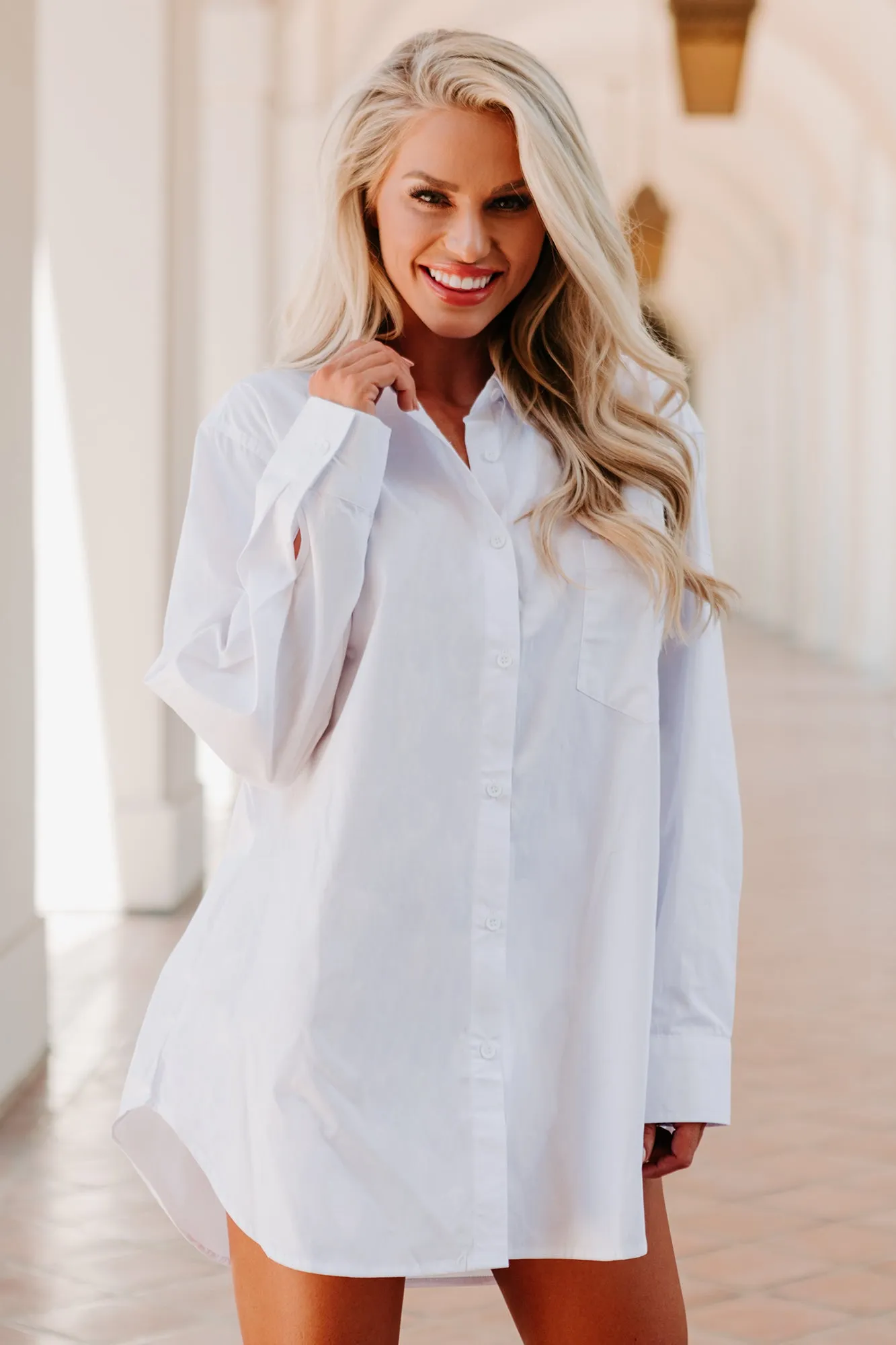 None Of Your Business Oversized Shirt Dress (White)