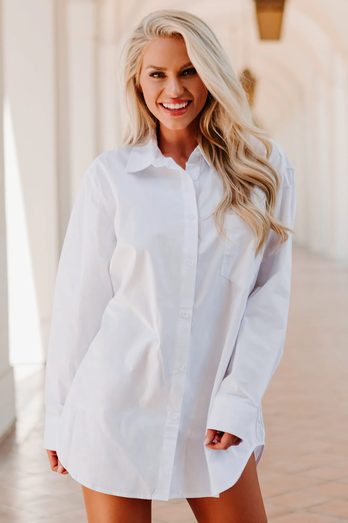 None Of Your Business Oversized Shirt Dress (White)