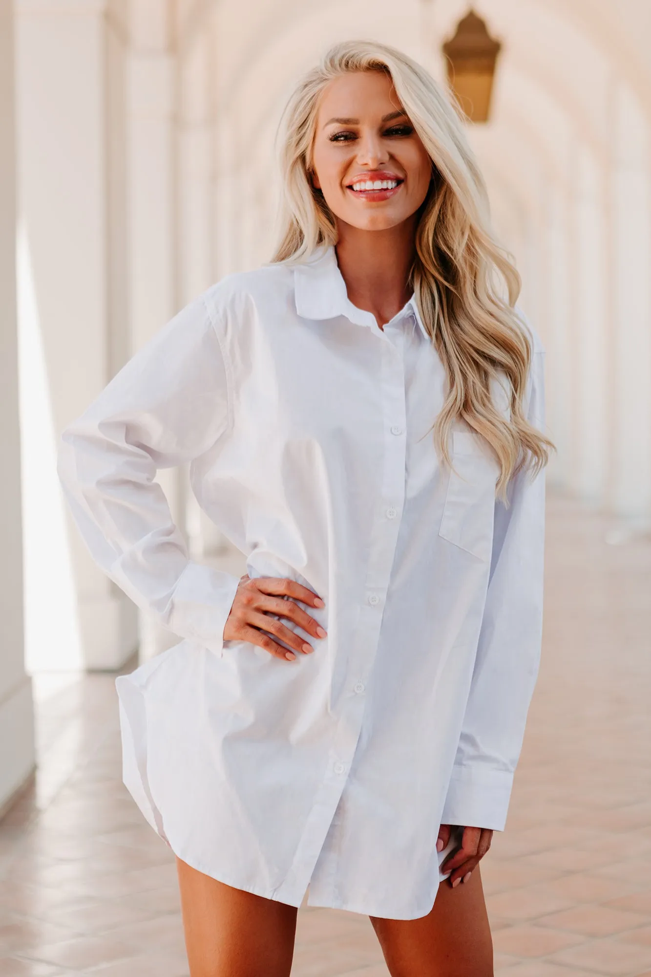 None Of Your Business Oversized Shirt Dress (White)