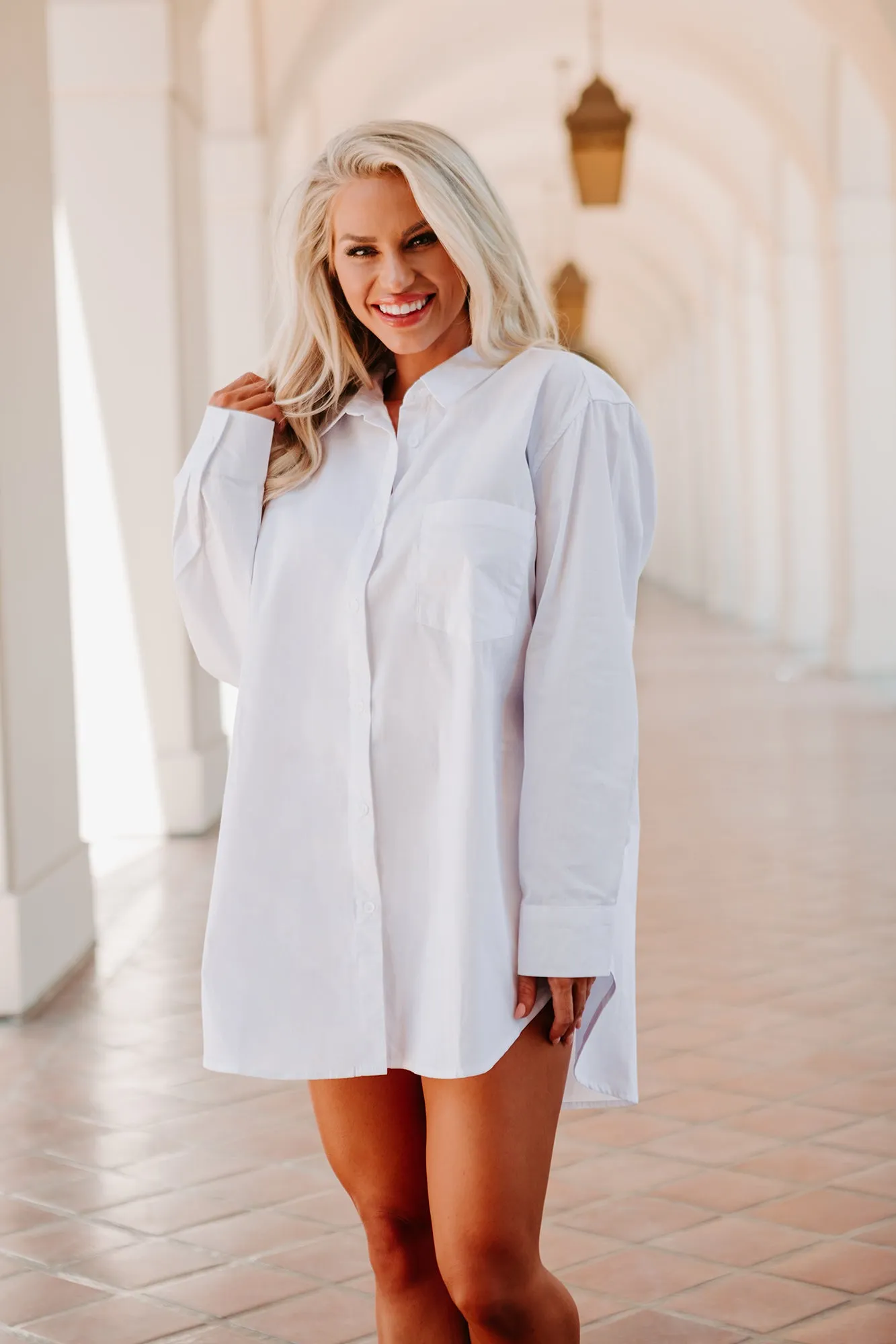None Of Your Business Oversized Shirt Dress (White)