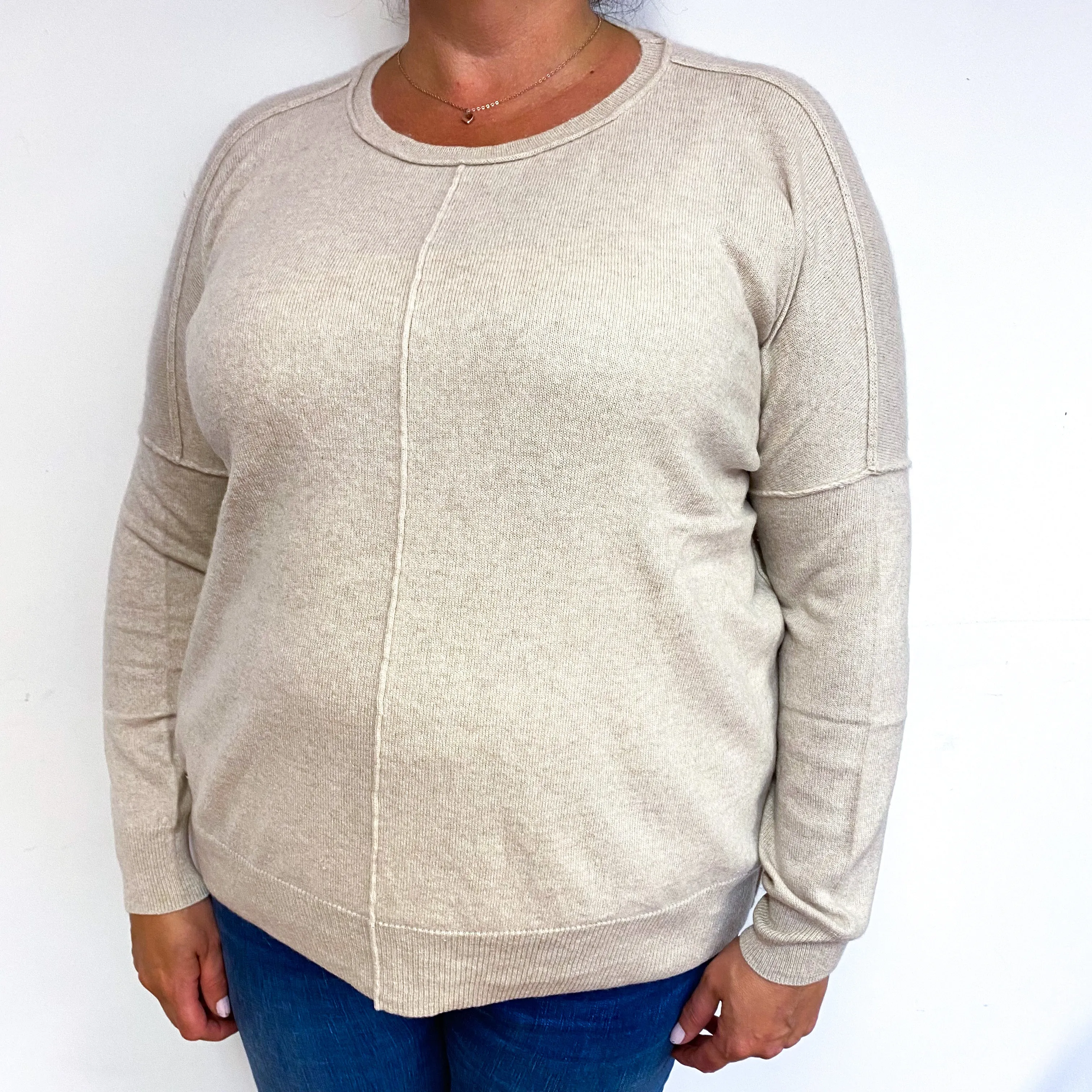 Oatmeal Visible Seam Cashmere Crew Neck Jumper Extra Large
