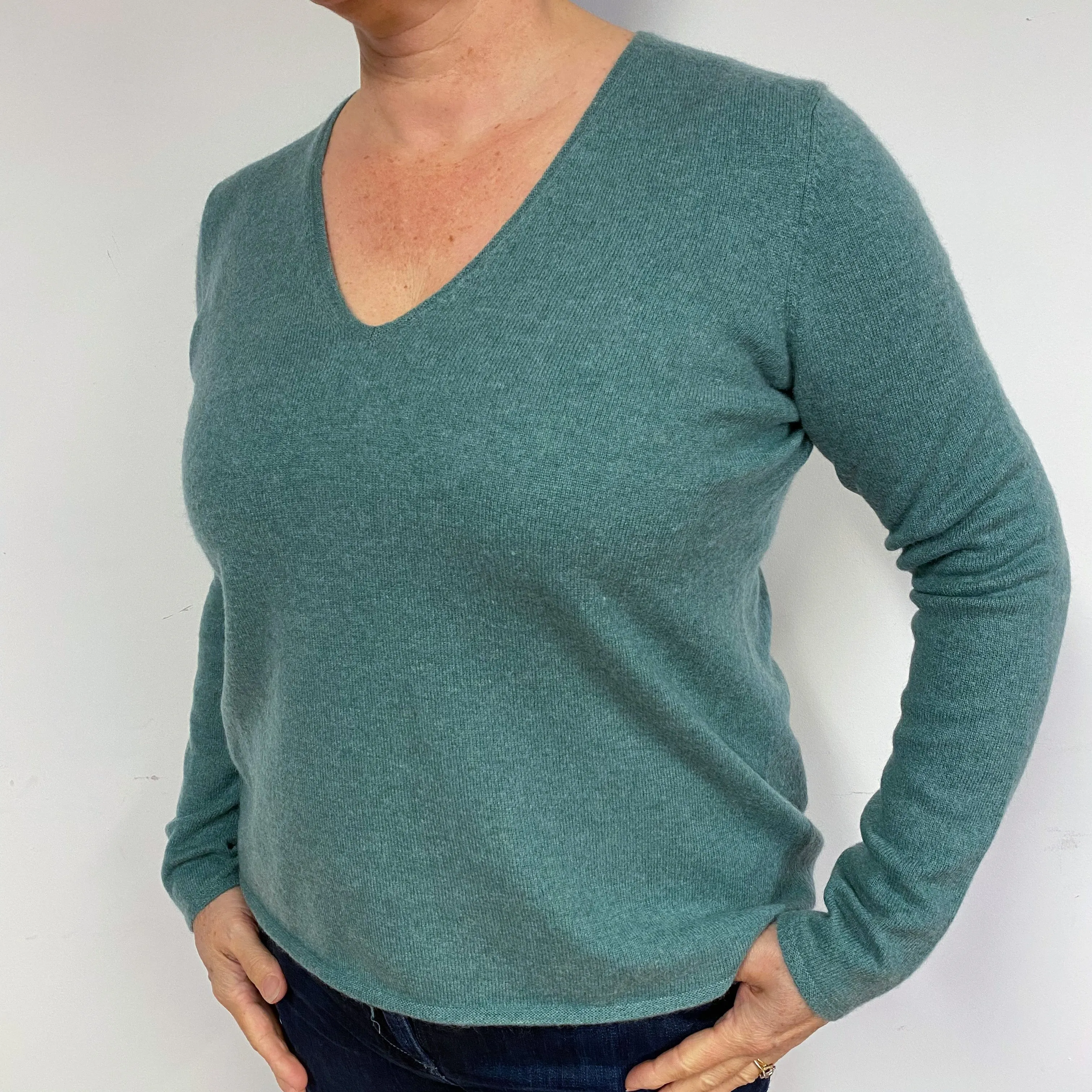 Ocean Green Cashmere V-Neck Jumper Large