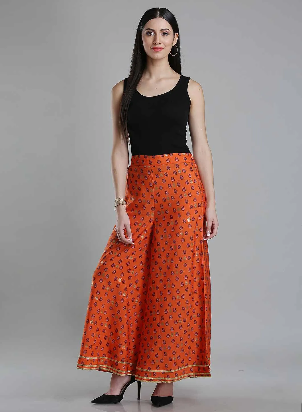 Orange Printed Flared Pants