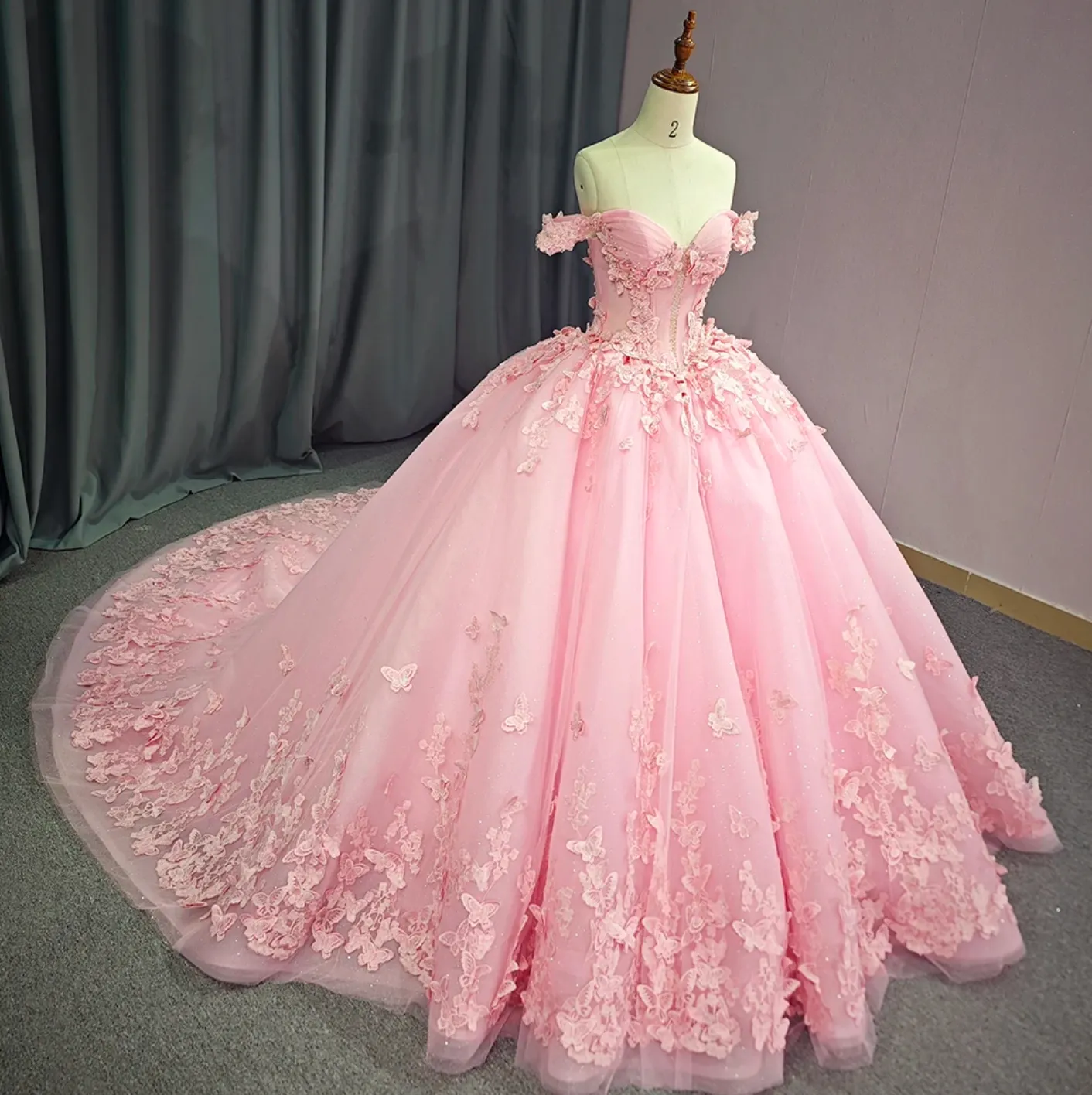 Pink Glamorous Organza Quincenera Dress Ball Gown Off the Shoulder Corset Chapel Train