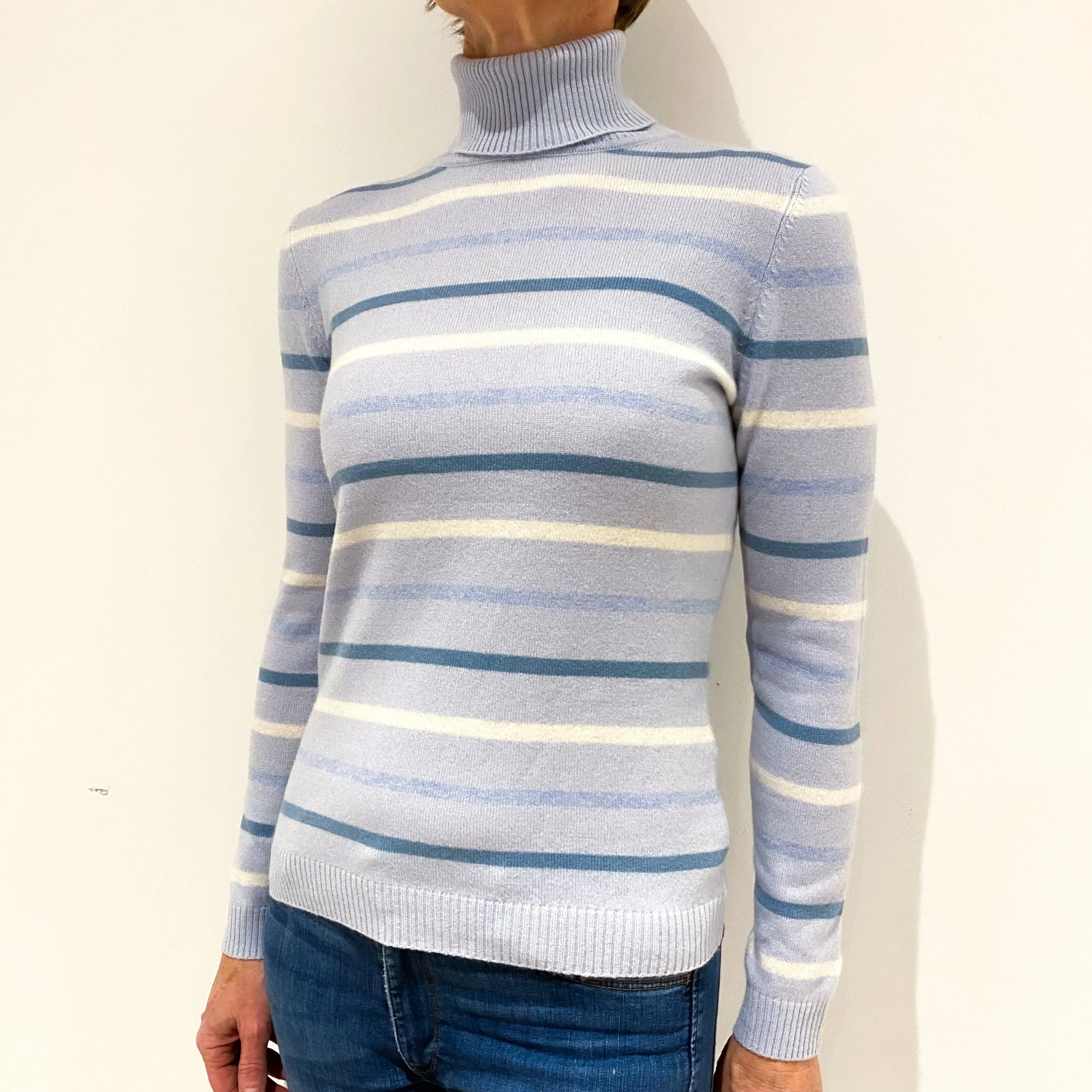 Powder Blue Striped Cashmere Polo Neck Jumper Small