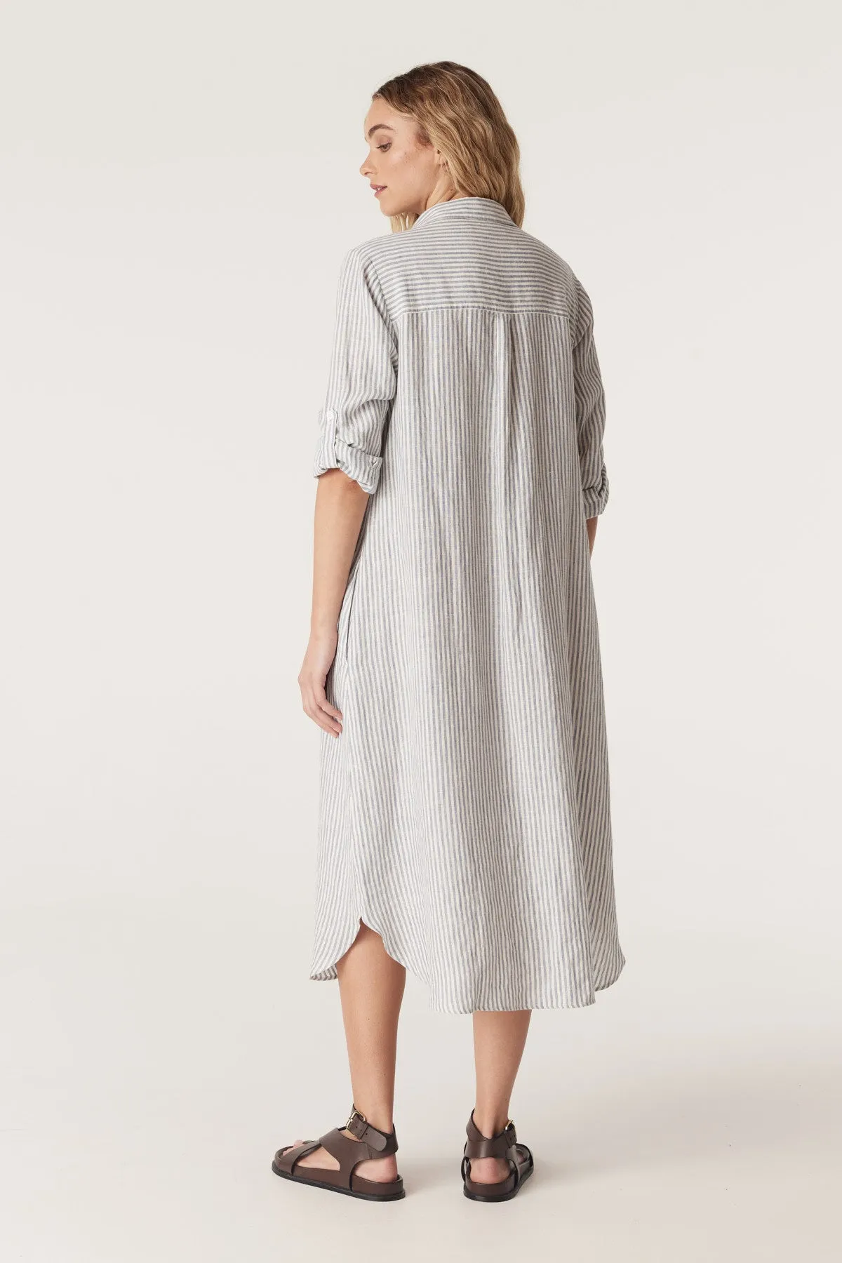 Pure Linen Shirt Dress - Blue Stripe
