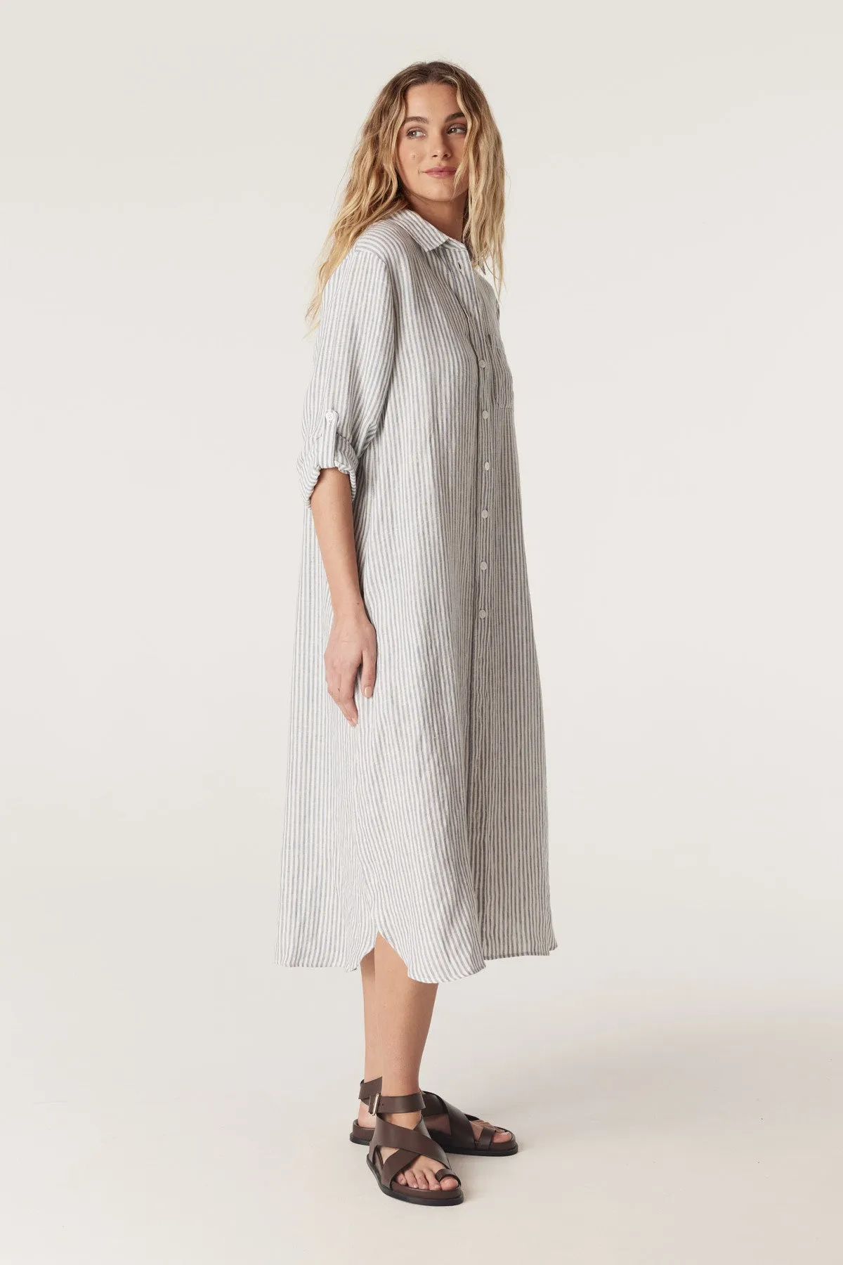 Pure Linen Shirt Dress - Blue Stripe
