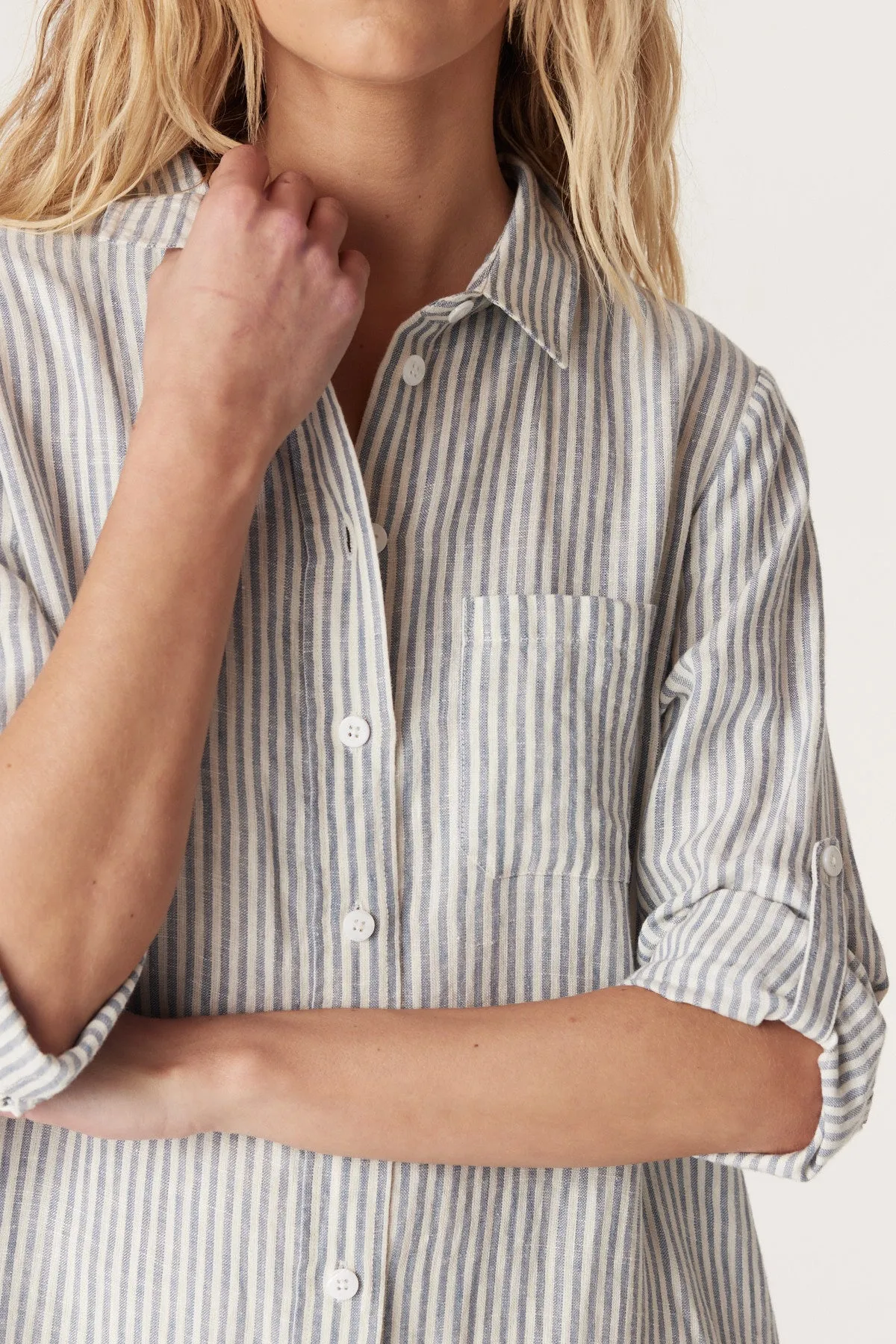 Pure Linen Shirt Dress - Blue Stripe