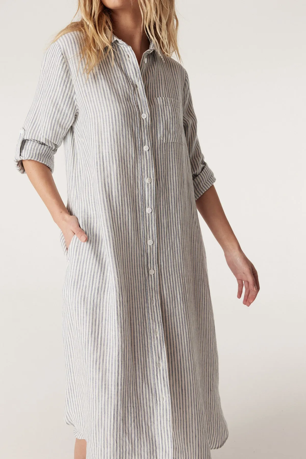 Pure Linen Shirt Dress - Blue Stripe