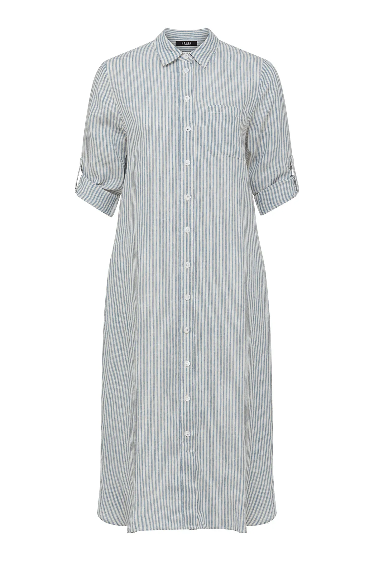 Pure Linen Shirt Dress - Blue Stripe