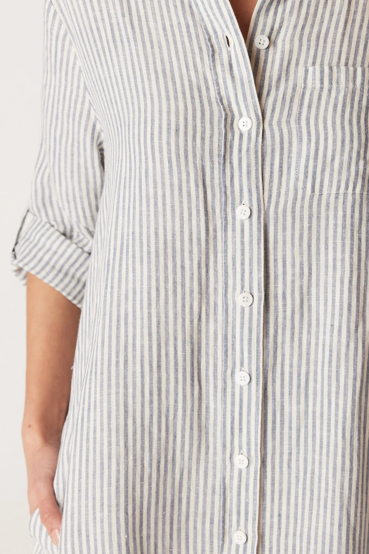 Pure Linen Shirt Dress - Blue Stripe