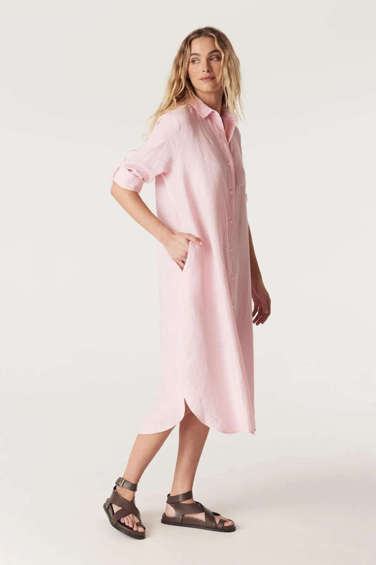 Pure Linen Shirt Dress - Pink