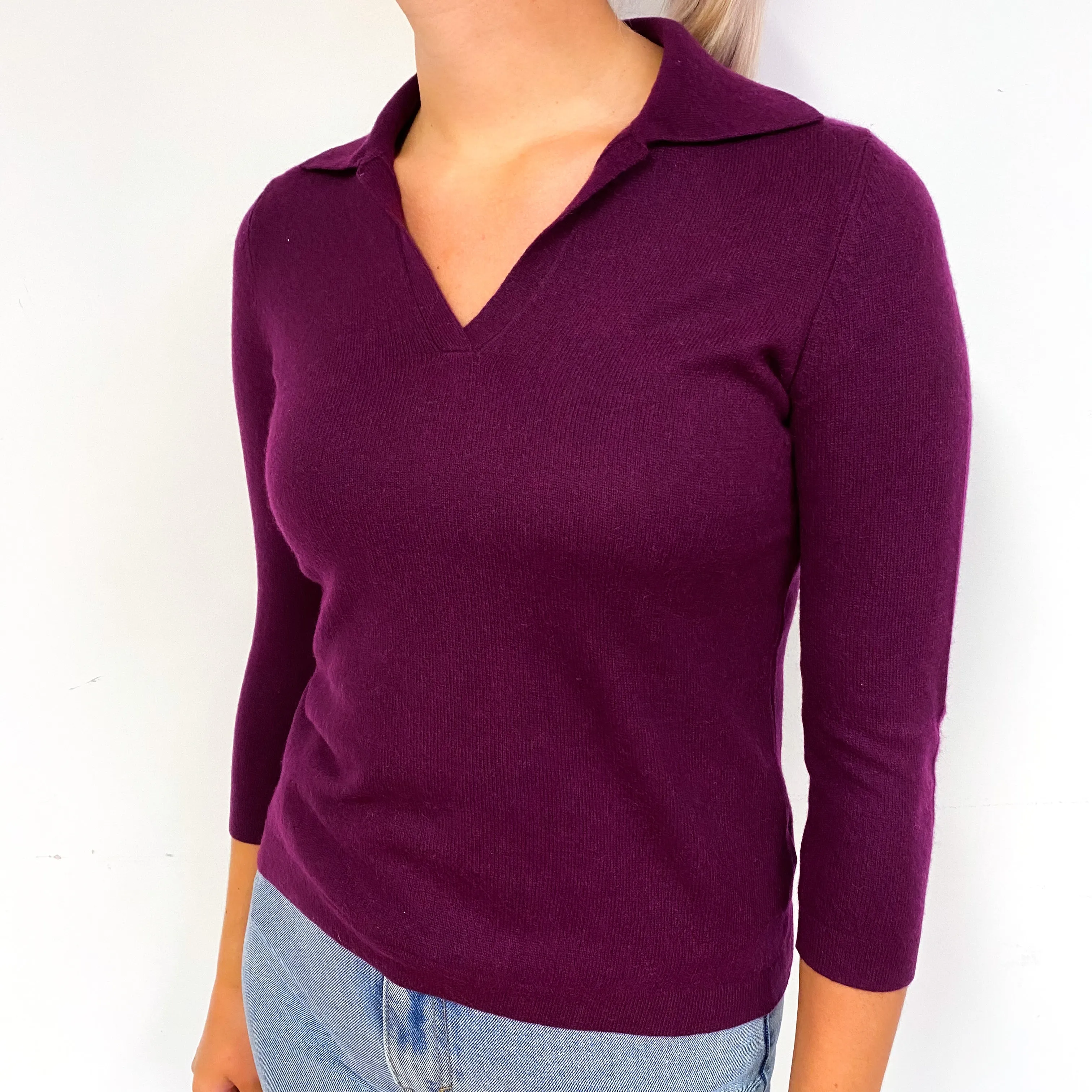 Purple 3/4 Sleeved Cashmere V-Neck Jumper Small