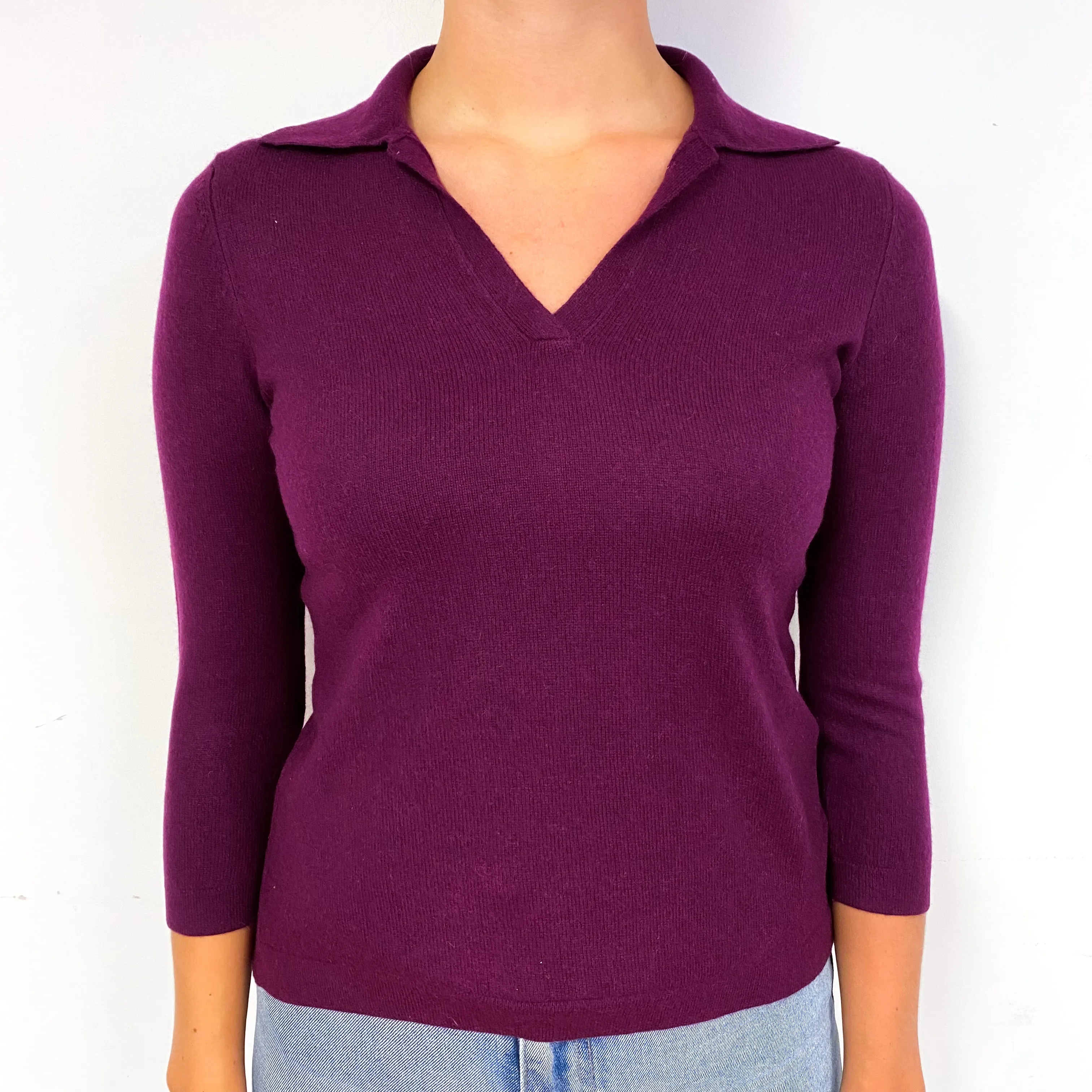 Purple 3/4 Sleeved Cashmere V-Neck Jumper Small