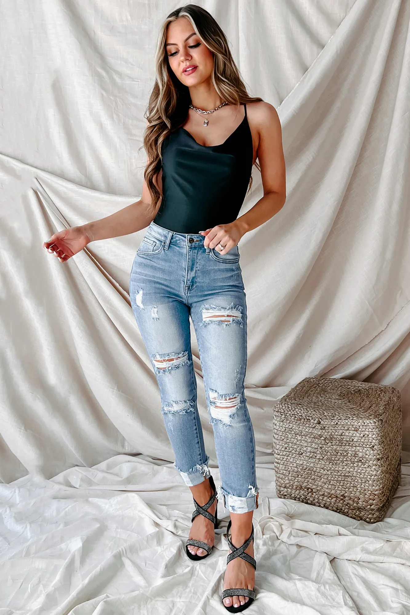 Searching For Romance Cowl Neck Cross-Back Bodysuit (Black)