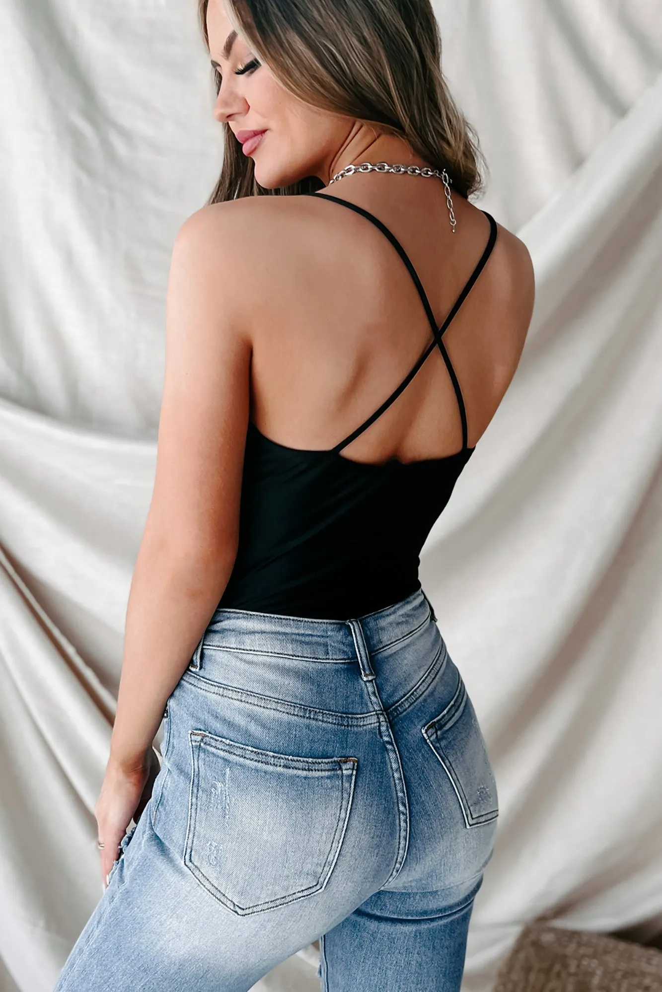Searching For Romance Cowl Neck Cross-Back Bodysuit (Black)