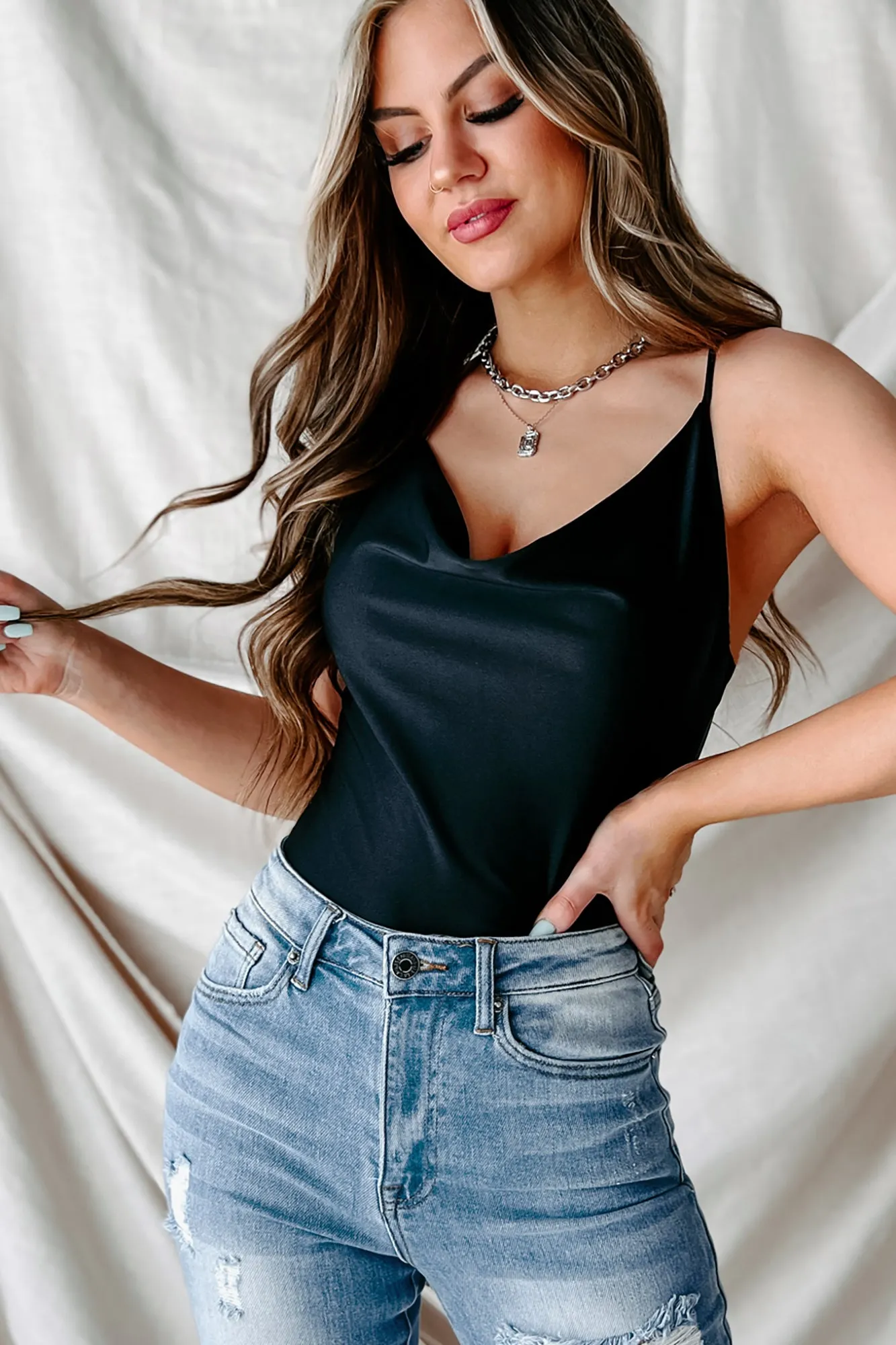 Searching For Romance Cowl Neck Cross-Back Bodysuit (Black)