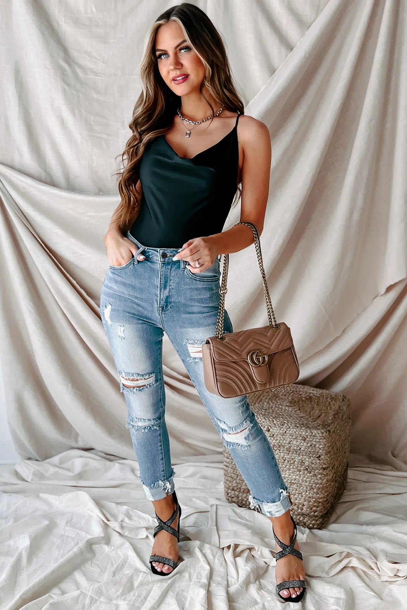 Searching For Romance Cowl Neck Cross-Back Bodysuit (Black)