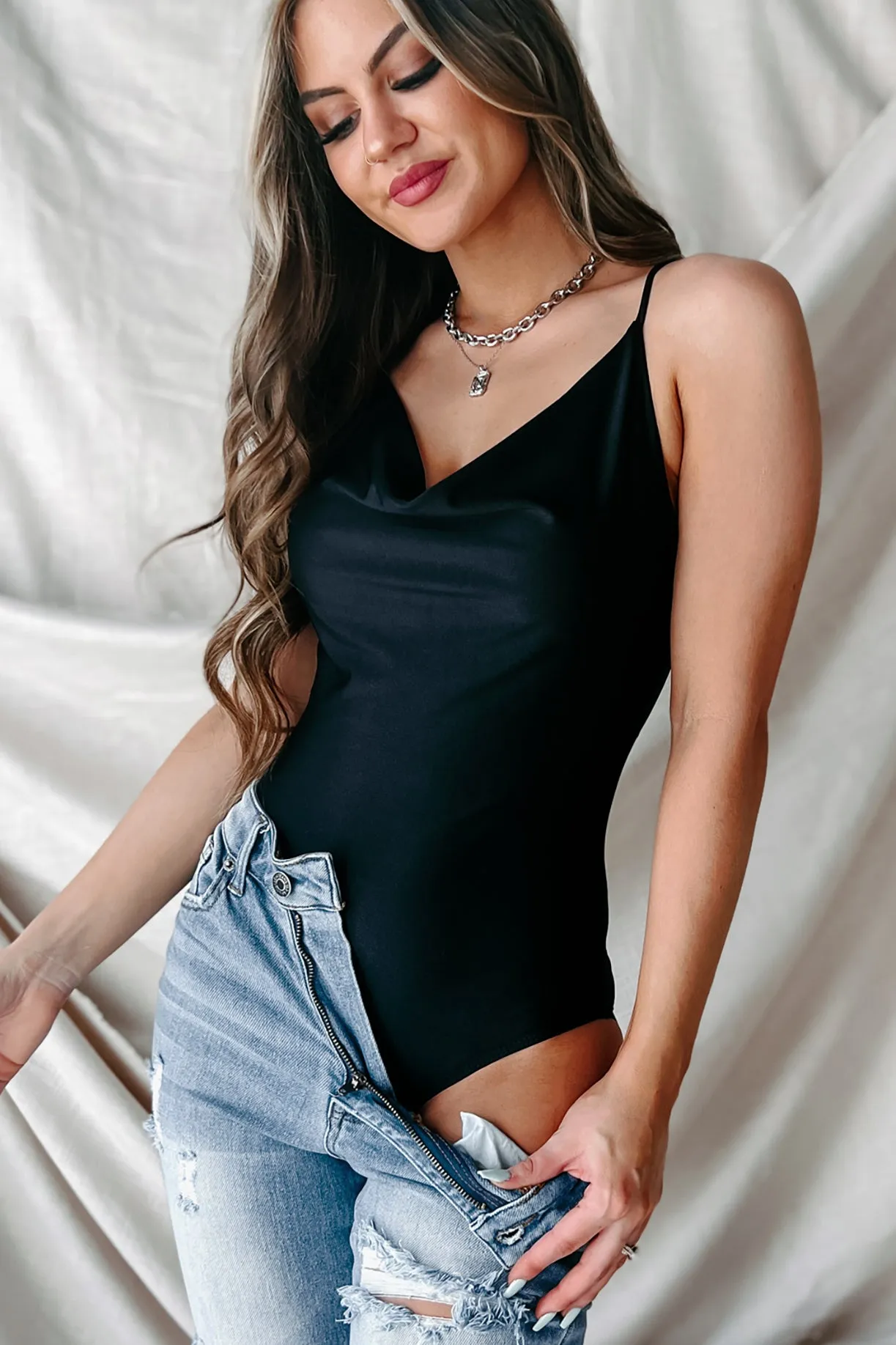 Searching For Romance Cowl Neck Cross-Back Bodysuit (Black)