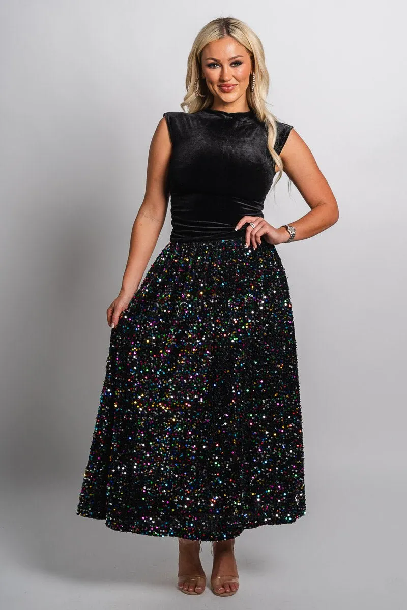 Sequin maxi skirt black multi