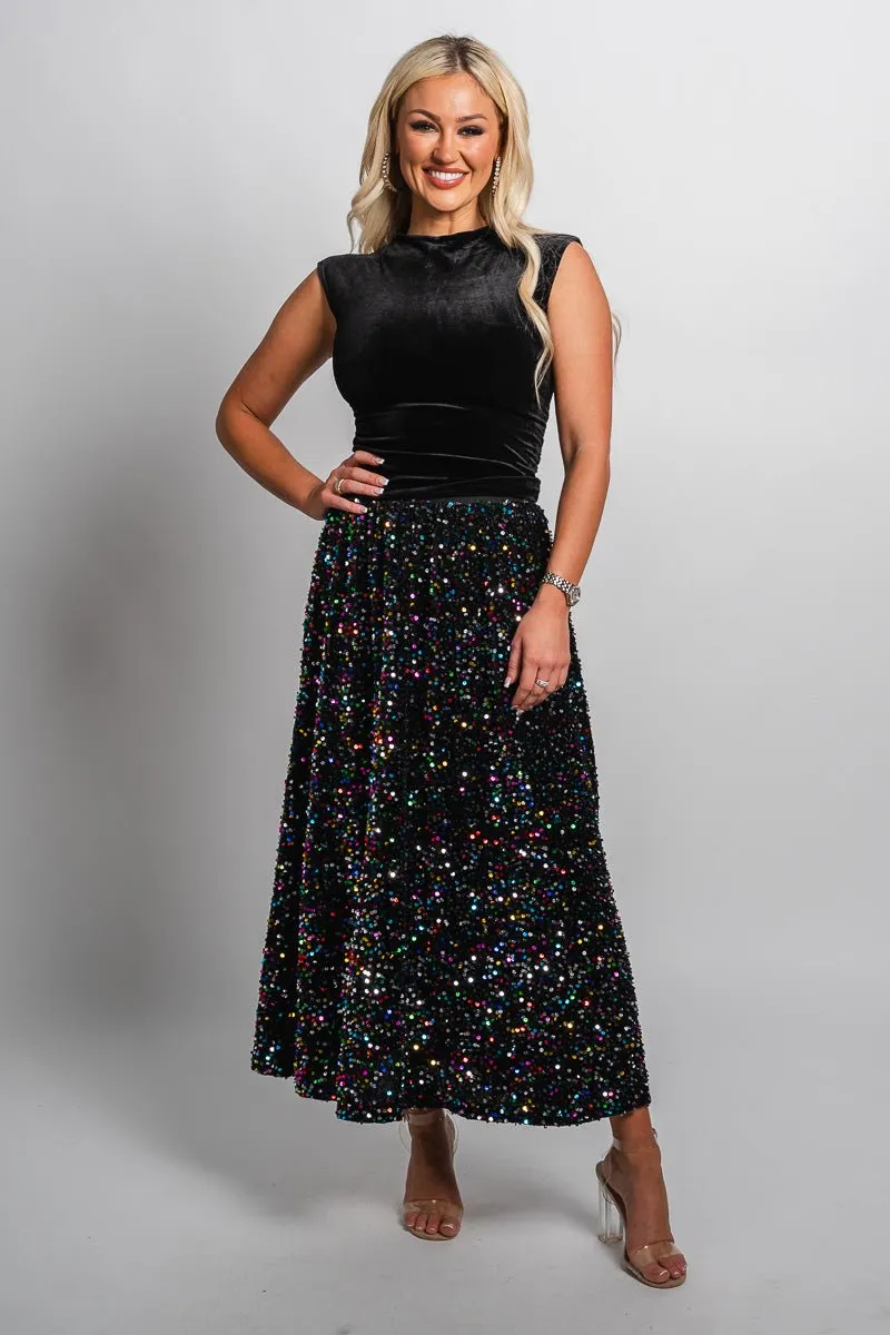 Sequin maxi skirt black multi