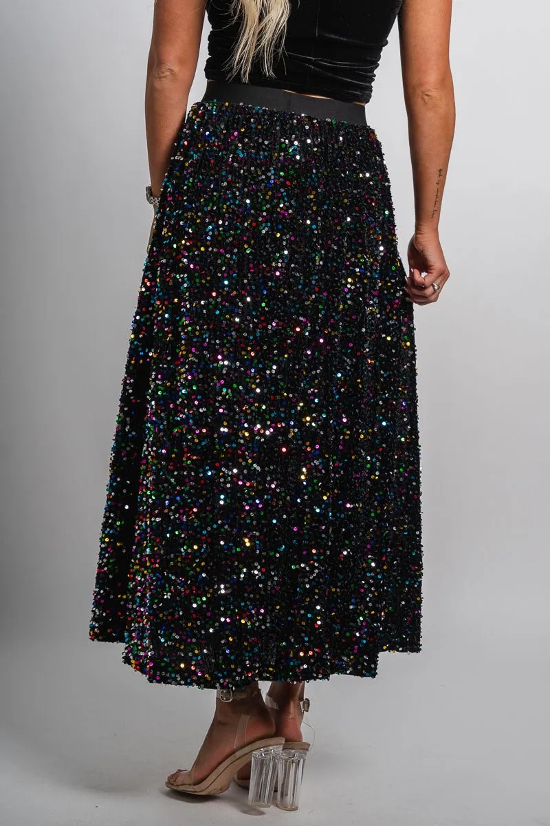 Sequin maxi skirt black multi