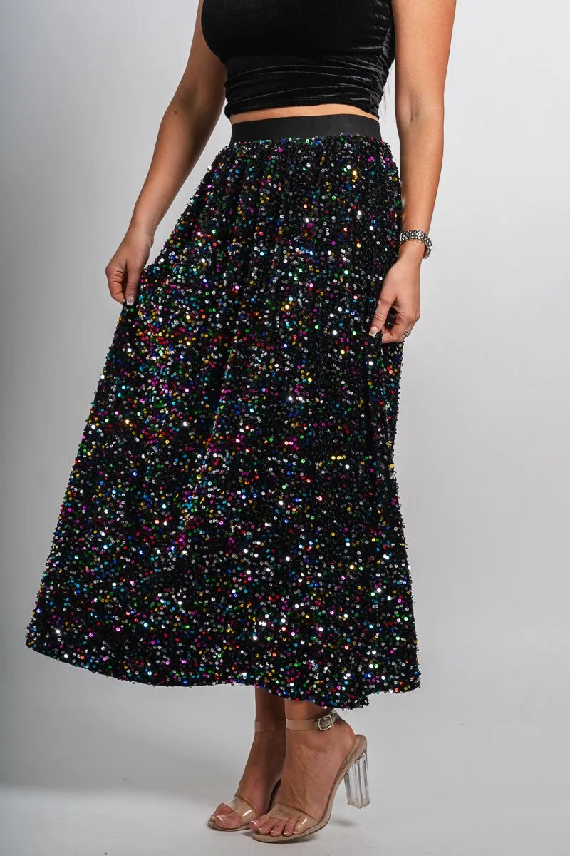 Sequin maxi skirt black multi