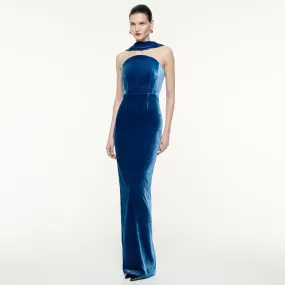 Sexy Halter Blue Tube Top Velvet Backless Evening Dress