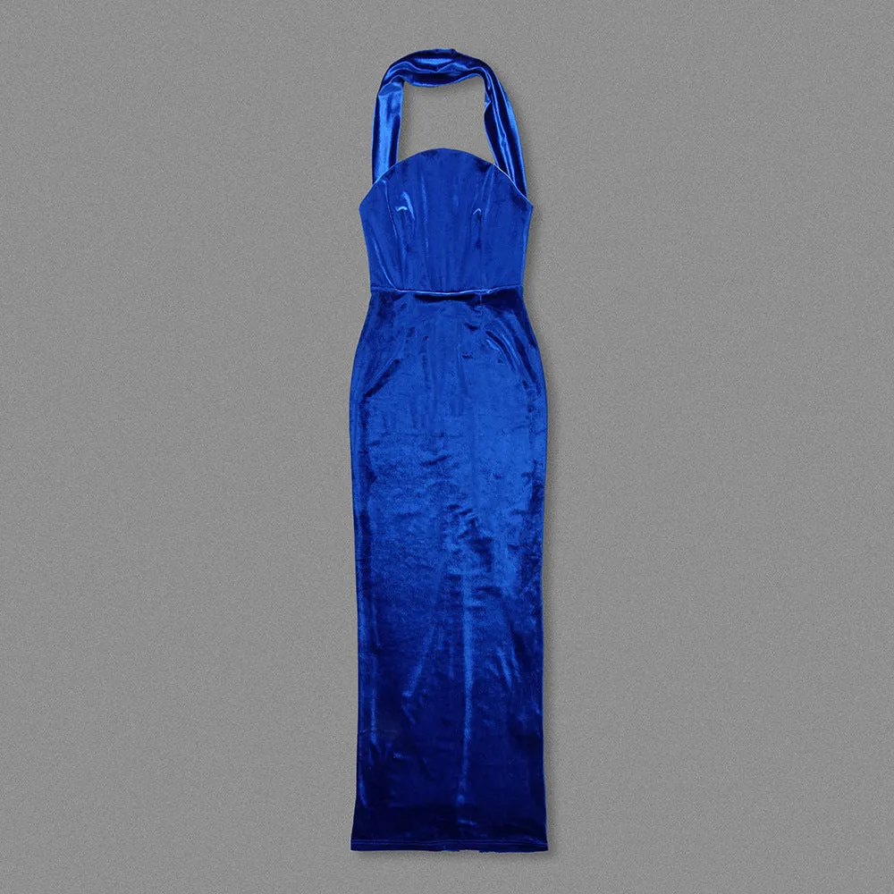 Sexy Halter Blue Tube Top Velvet Backless Evening Dress