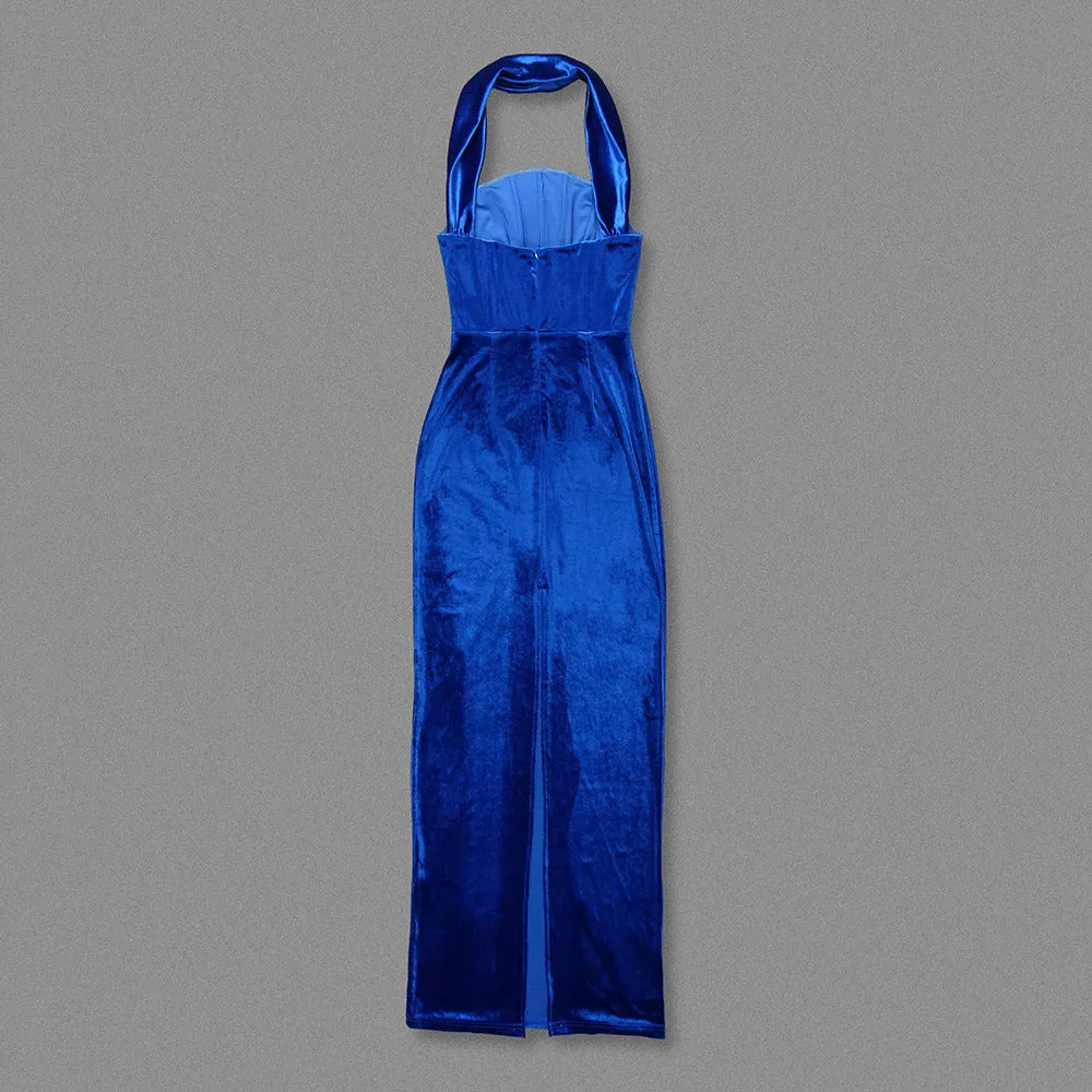 Sexy Halter Blue Tube Top Velvet Backless Evening Dress