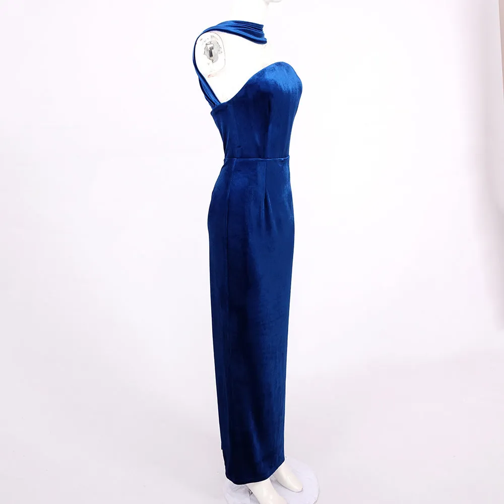Sexy Halter Blue Tube Top Velvet Backless Evening Dress
